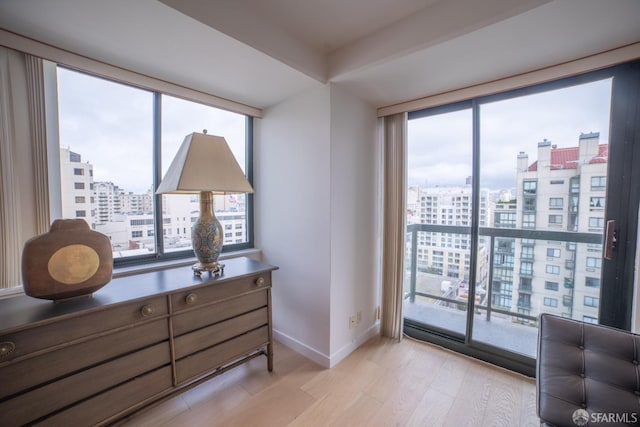 sitting room with a wealth of natural light, light hardwood / wood-style flooring, and a wall of windows