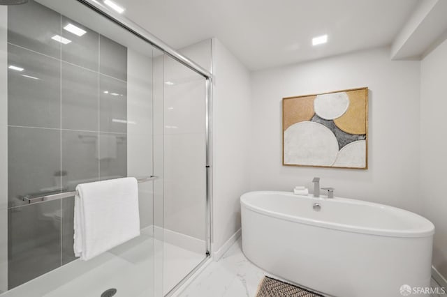 1605 Riviera Ave Unit 608, Walnut Creek, CA 94596 - full bath with a soaking tub, marble look tiles, and a shower stall