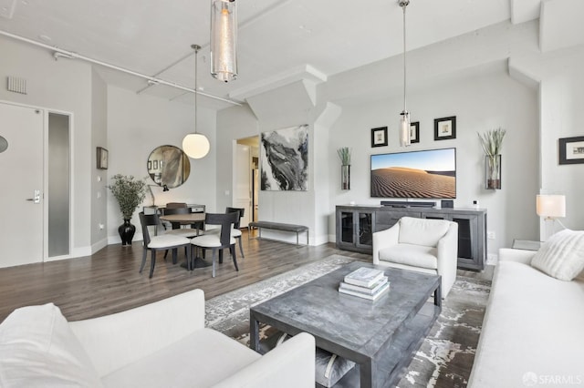 living room with a high ceiling, baseboards, and wood finished floors