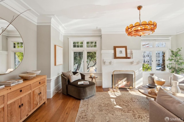 interior space with light hardwood / wood-style floors, a wealth of natural light, crown molding, and an inviting chandelier