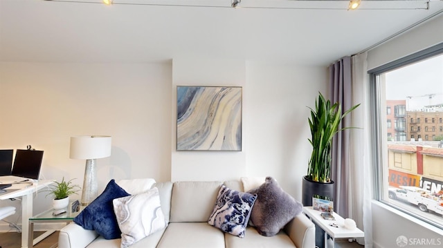 living room featuring hardwood / wood-style flooring and track lighting