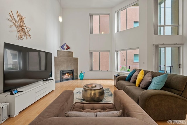 living area with a high ceiling, a healthy amount of sunlight, and light wood-type flooring