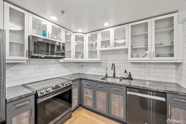 kitchen with decorative backsplash, dark stone counters, white cabinets, a sink, and stainless steel appliances