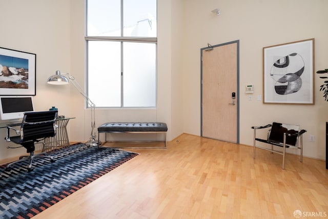 misc room featuring a towering ceiling and light hardwood / wood-style flooring