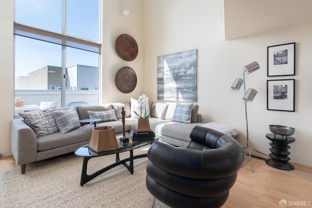 living room featuring a towering ceiling and light hardwood / wood-style floors