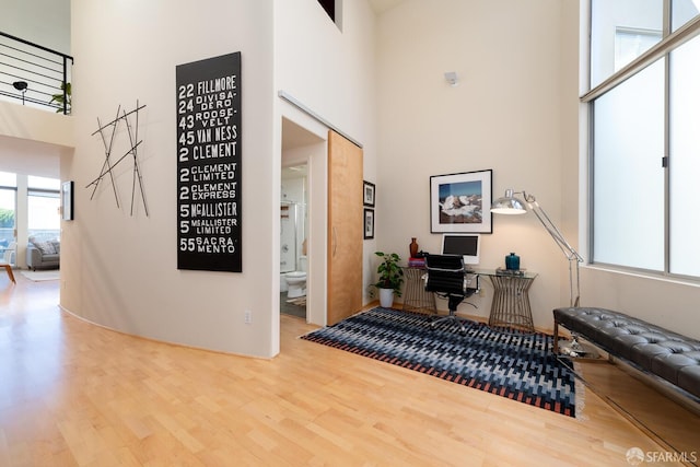 interior space with wood-type flooring and a high ceiling