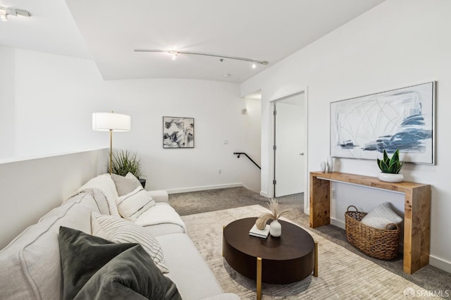 carpeted living room featuring rail lighting