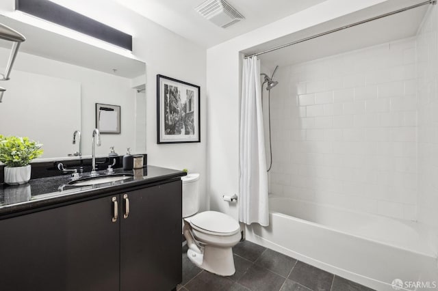 full bathroom featuring tile patterned floors, toilet, vanity, and shower / tub combo with curtain