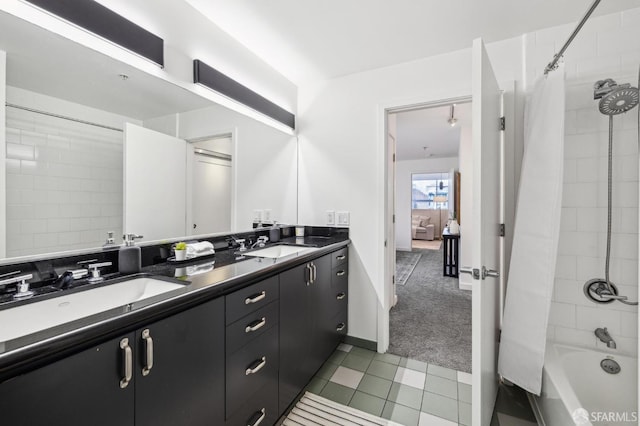 bathroom with vanity, tile patterned floors, and shower / tub combo with curtain