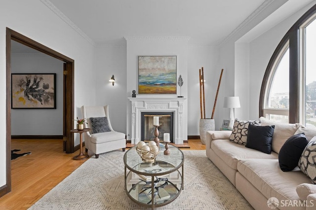 57 Masonic Ave, San Francisco, CA 94118 - living room with plenty of natural light, crown molding, a glass covered fireplace, and light wood-style floors