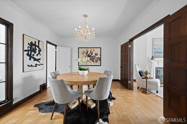 57 Masonic Ave, San Francisco, CA 94118 - dining room featuring a chandelier, a premium fireplace, and ornamental molding