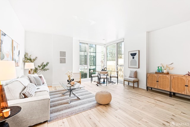 living room featuring a wall of windows and light hardwood / wood-style floors