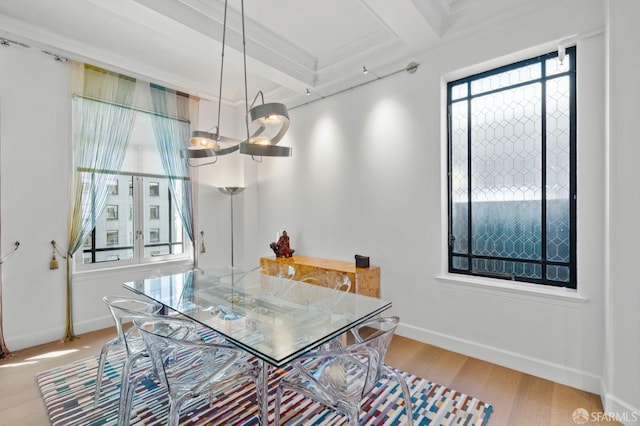 dining room with an inviting chandelier, wood finished floors, coffered ceiling, baseboards, and beamed ceiling