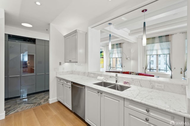 kitchen with a sink, pendant lighting, dishwasher, ornamental molding, and recessed lighting