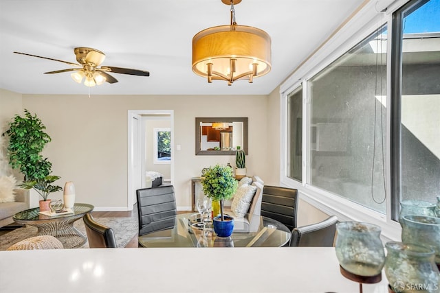 dining room featuring hardwood / wood-style floors and ceiling fan with notable chandelier