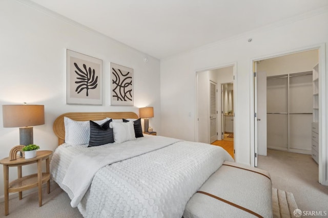 carpeted bedroom featuring a walk in closet, a closet, and ornamental molding