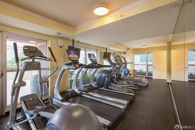 exercise room with crown molding