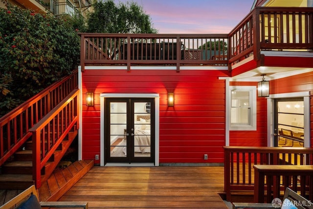 wooden terrace with french doors and stairs