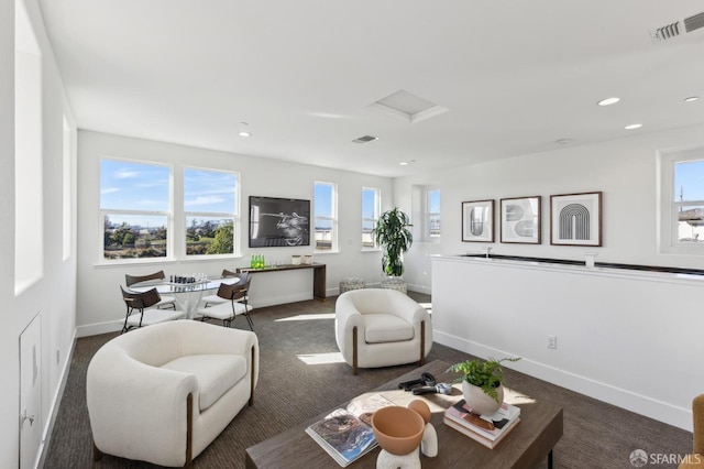 2768 Bette St, Alameda, CA 94501 - living room with dark colored carpet, attic access, and recessed lighting