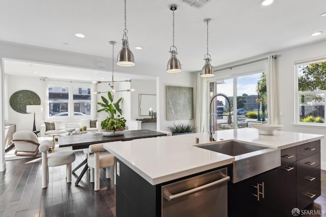 2768 Bette St, Alameda, CA 94501 - kitchen featuring dishwasher, open floor plan, light countertops, a center island with sink, and recessed lighting