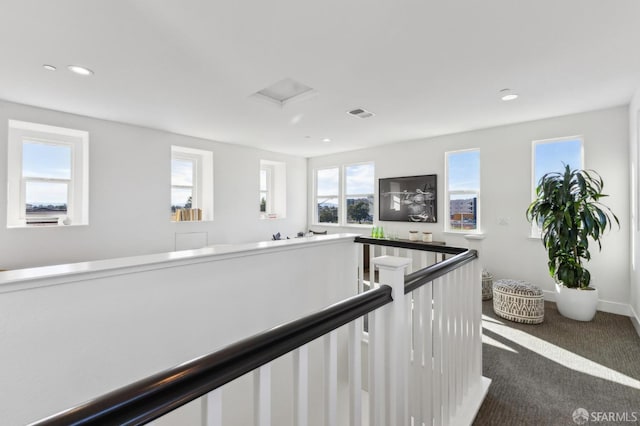 2768 Bette St, Alameda, CA 94501 - hallway with attic access, dark colored carpet, plenty of natural light, an upstairs landing, and recessed lighting