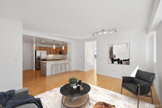 living room with light hardwood / wood-style floors and sink