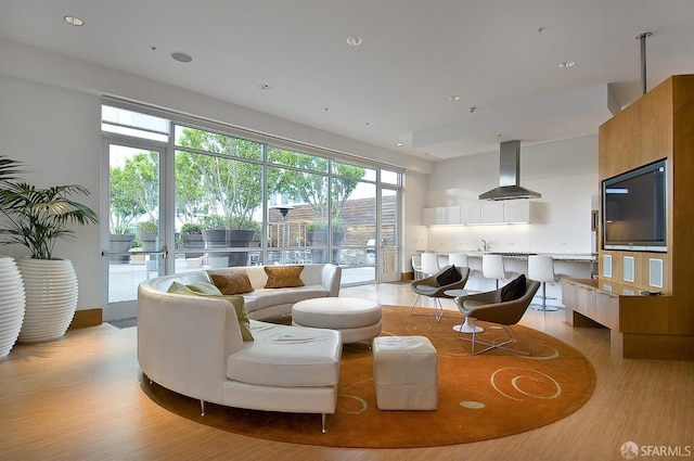 living room with light hardwood / wood-style flooring and sink