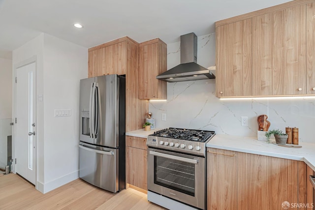 115 Gladeview Way, San Francisco, CA 94131 - kitchen featuring wall chimney range hood, stainless steel appliances, light wood-style floors, baseboards, and tasteful backsplash