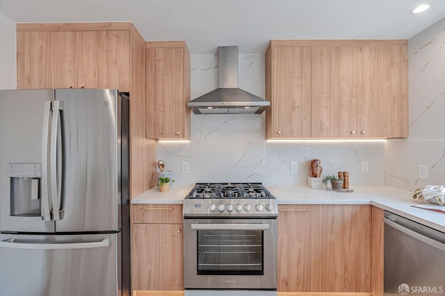 115 Gladeview Way, San Francisco, CA 94131 - kitchen featuring stainless steel appliances, wall chimney range hood, light brown cabinetry, modern cabinets, and light countertops