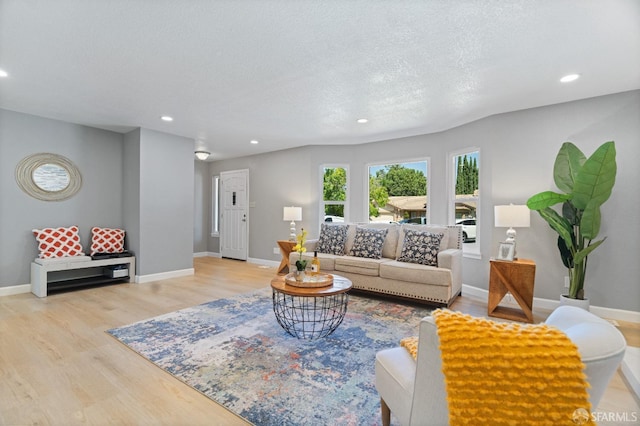 living room with light hardwood / wood-style floors and a textured ceiling