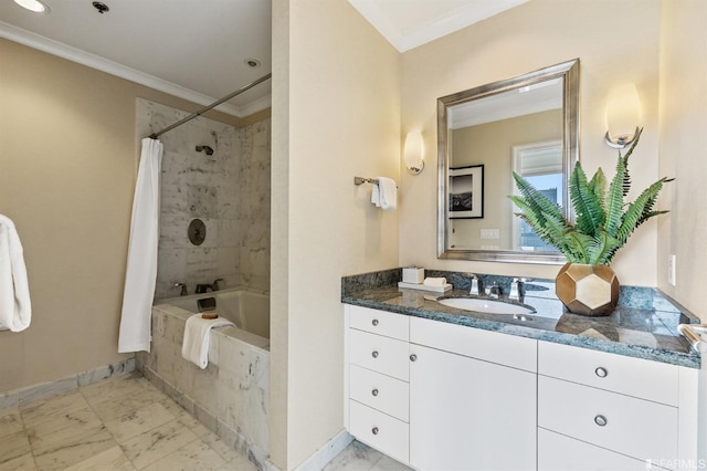 bathroom featuring vanity, ornamental molding, and shower / bathtub combination with curtain