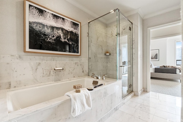 bathroom featuring ornamental molding and plus walk in shower