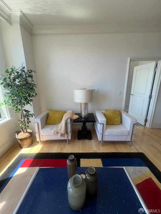 living room featuring wood-type flooring and ornamental molding