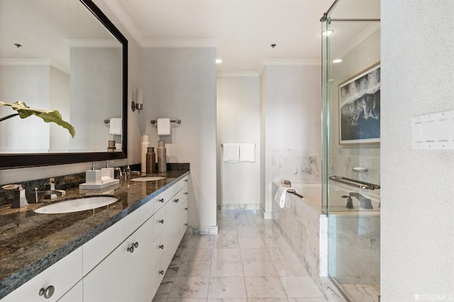 bathroom with vanity, independent shower and bath, and ornamental molding