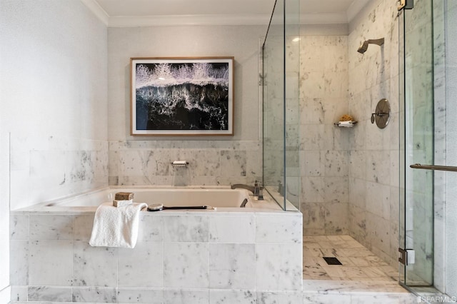 bathroom featuring ornamental molding and plus walk in shower