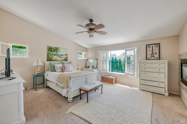 2035 Kirkwood Ct, Fairfield, CA 94534 - bedroom with light colored carpet, vaulted ceiling, baseboards, and ceiling fan