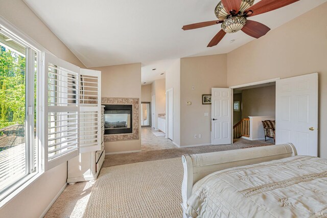 2035 Kirkwood Ct, Fairfield, CA 94534 - bedroom with lofted ceiling, carpet floors, baseboards, a fireplace, and a ceiling fan