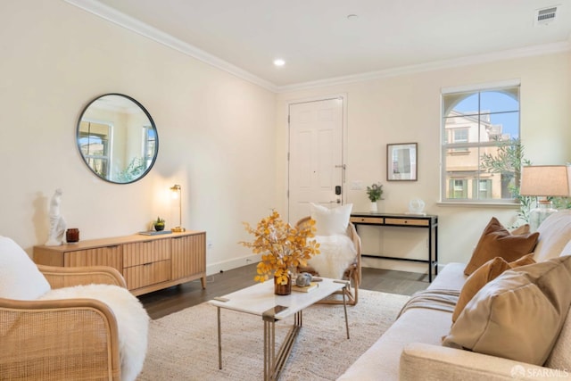 living room with wood-type flooring and ornamental molding