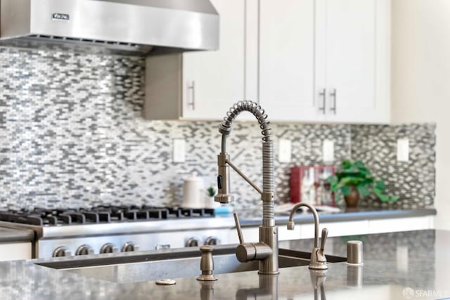 kitchen with white cabinets, tasteful backsplash, and exhaust hood