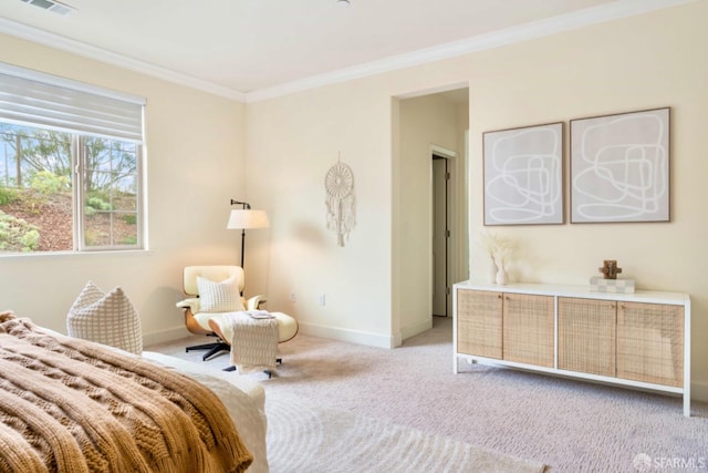 bedroom featuring light carpet and crown molding