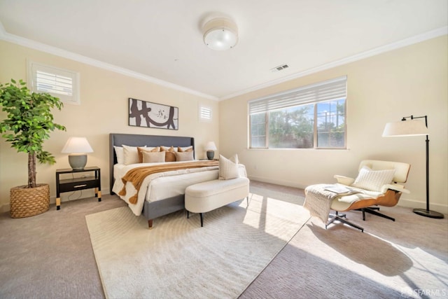 carpeted bedroom featuring ornamental molding