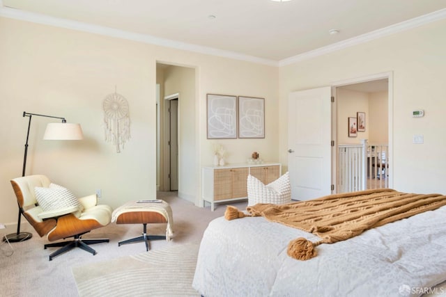 carpeted bedroom with ornamental molding