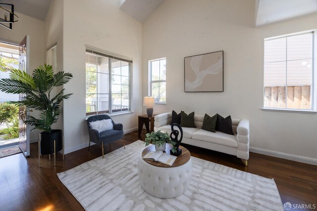 3044 Whisperwave Cir, Redwood City, CA 94065 - living room featuring wood finished floors, baseboards, and lofted ceiling