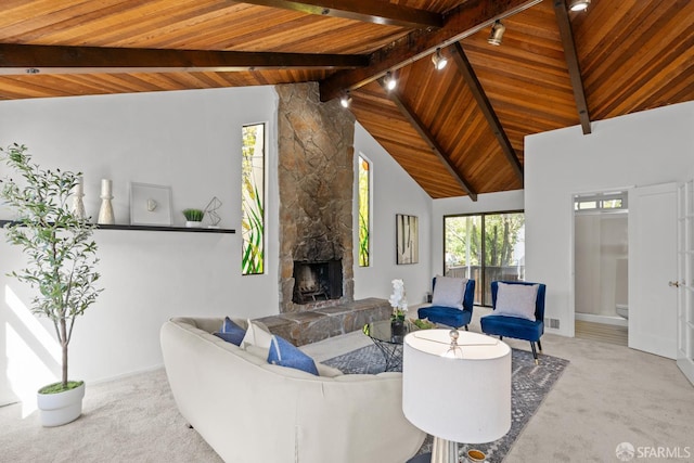 532 Vista Ct, Millbrae, CA 94030 - living area with a wood ceiling with exposed beams, track lighting, carpet floors, a fireplace, and high vaulted ceiling