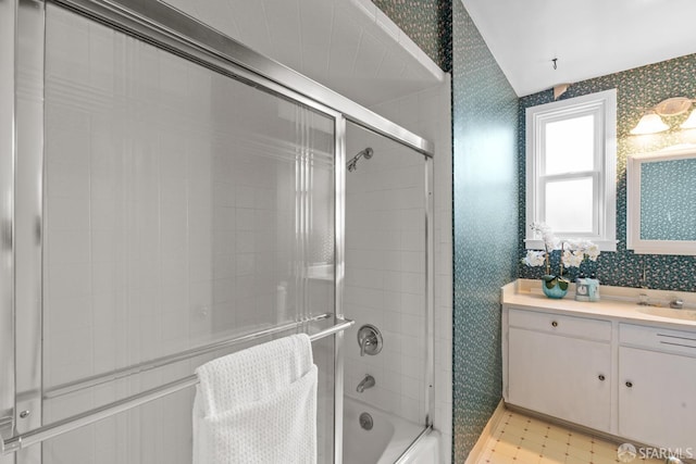 532 Vista Ct, Millbrae, CA 94030 - bathroom featuring wallpapered walls, bath / shower combo with glass door, vanity, and tile patterned floors