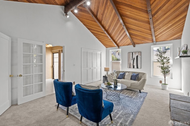 532 Vista Ct, Millbrae, CA 94030 - carpeted living area featuring a wood ceiling with exposed beams, plenty of natural light, high vaulted ceiling, and french doors