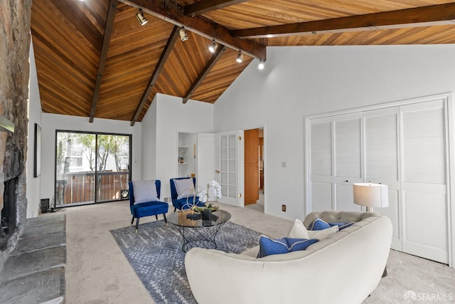 532 Vista Ct, Millbrae, CA 94030 - living room featuring carpet floors, a wooden ceiling with exposed beams, high vaulted ceiling, track lighting, and a stone fireplace