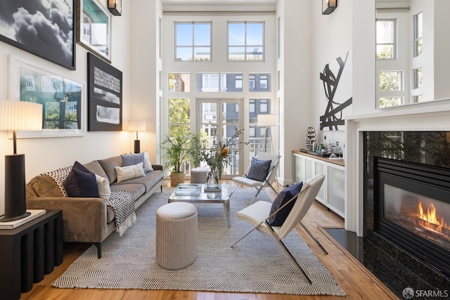 living area featuring a high ceiling, french doors, a wealth of natural light, and a premium fireplace