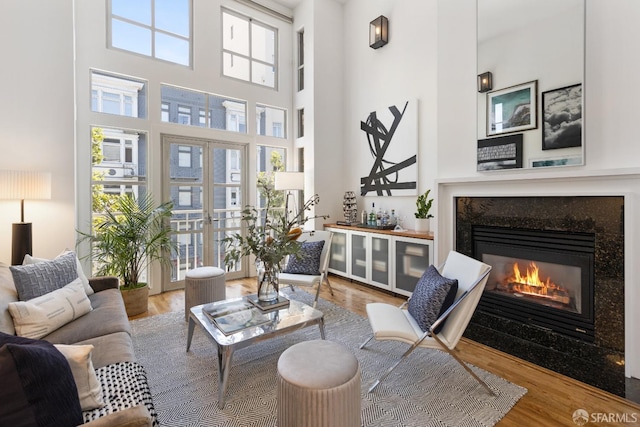 living room featuring wood finished floors, french doors, and a premium fireplace