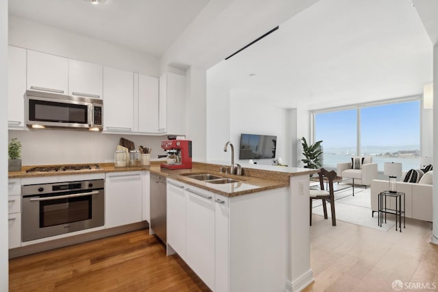 425 1st St Unit 3401, San Francisco, CA 94107 - kitchen with stainless steel appliances, a sink, a peninsula, white cabinets, and light stone counters